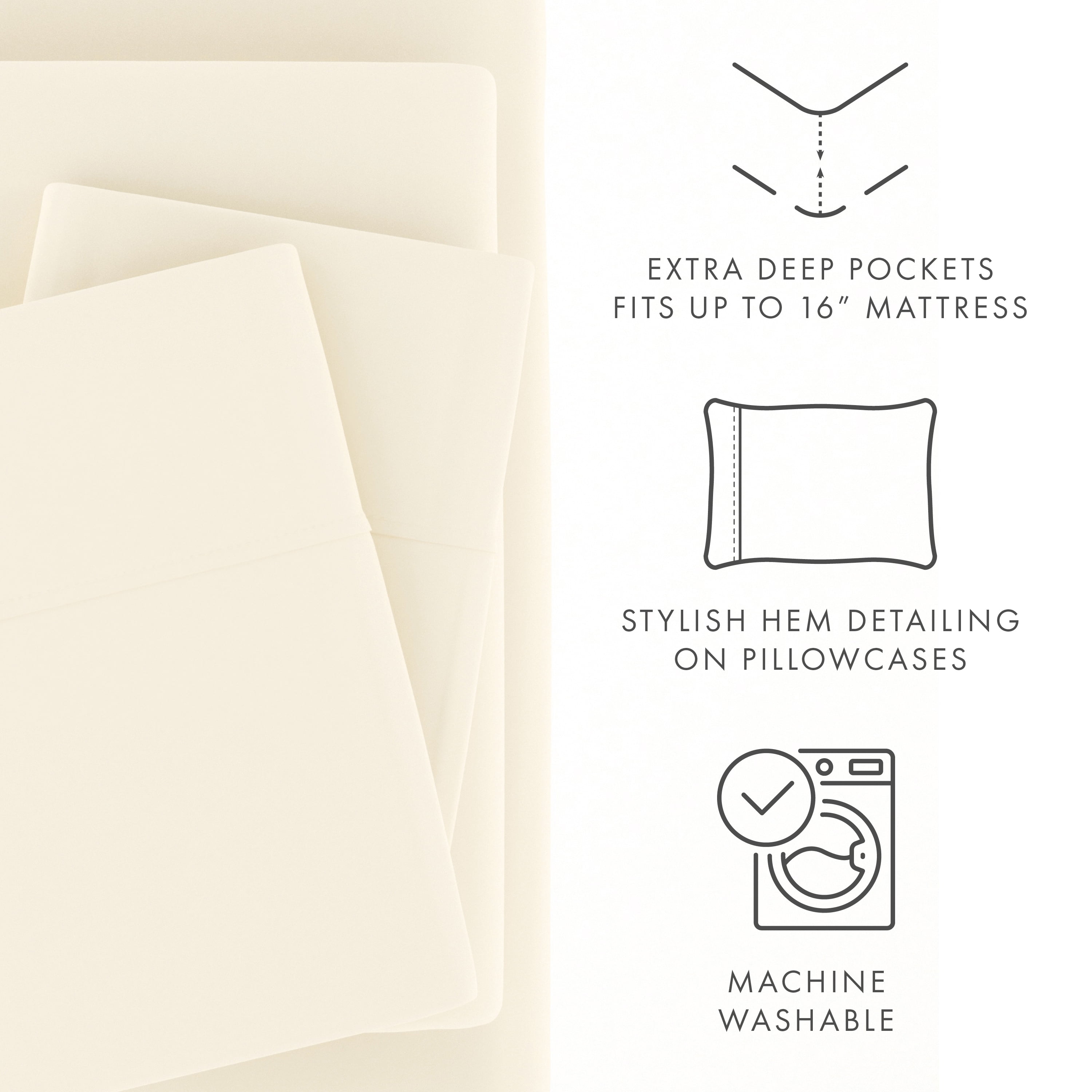 Noble Linens 4 Piece Solid Microfiber Bed Sheet Set, Ivory, California King