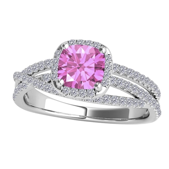 Mauli Jewels 0.90 Carat Cushion Cut Pink Topaz & Diamond Engagement Ring for Women in 10K White Gold, 4 Prong Gemstone Ring