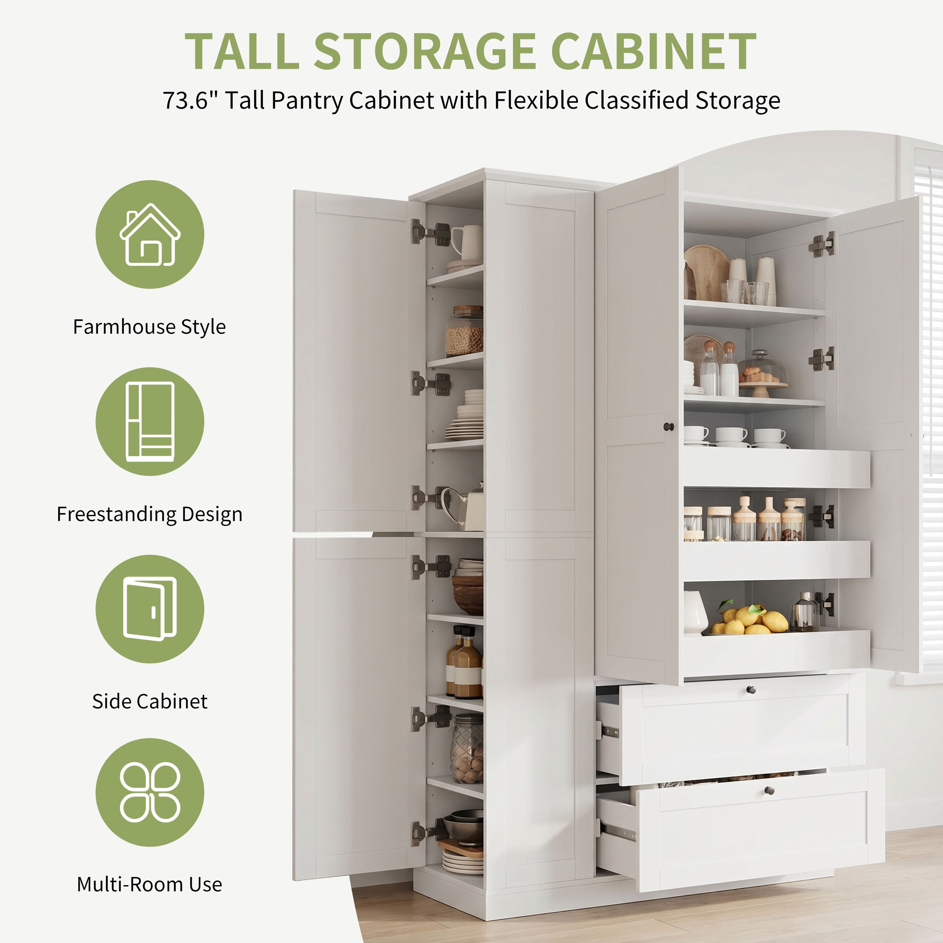 Euroco 73.6" Tall Farmhouse Kitchen Pantry Cabinet, Freestanding Hutch Cabinet with 2 Drawers, 3 Pull-Out Trays & Side Cabinets,Food Pantry for Dining Room,White