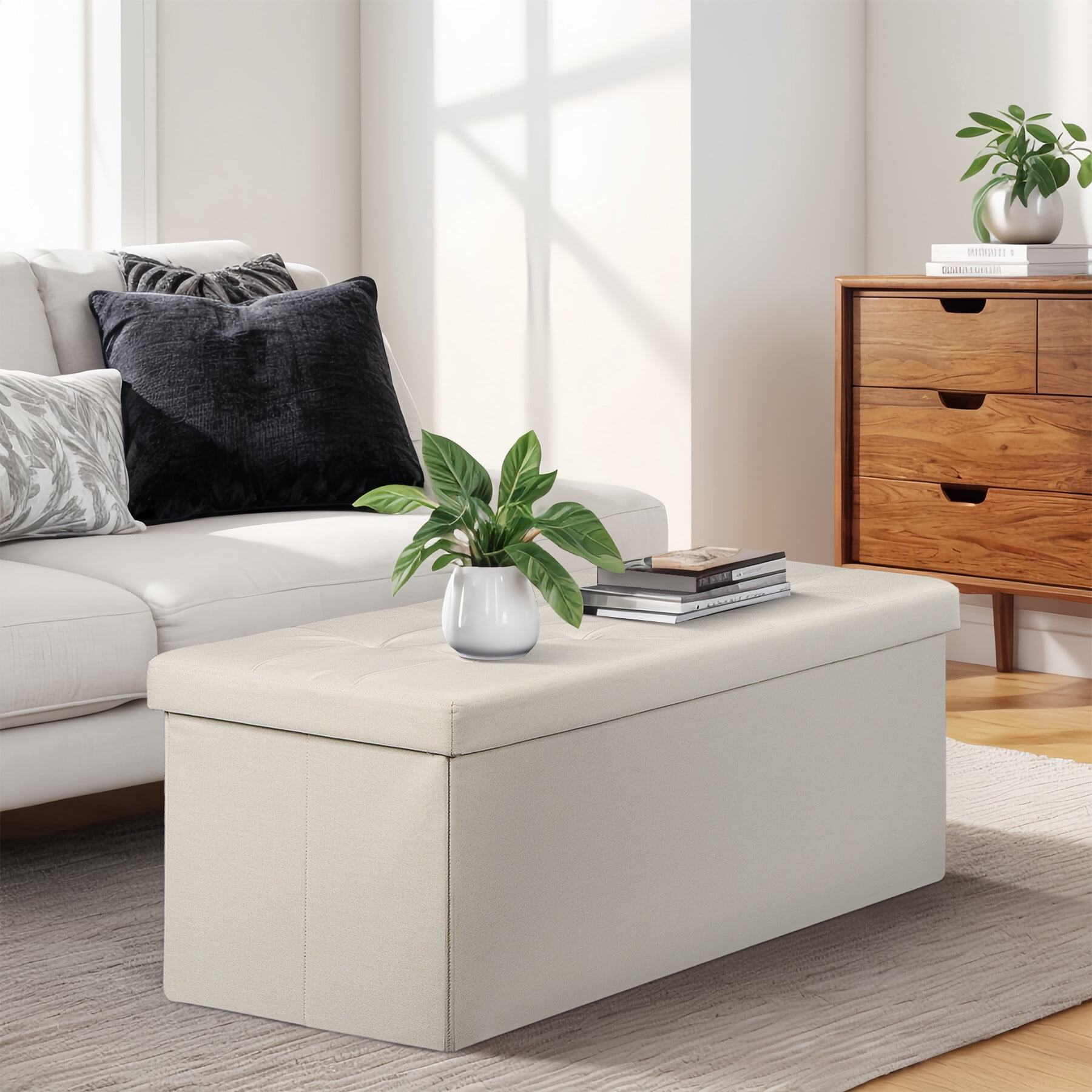 HomGarden 43'' Linen Storage Ottoman Bench, Foldable Footrest Stool W/ Divider, Cream