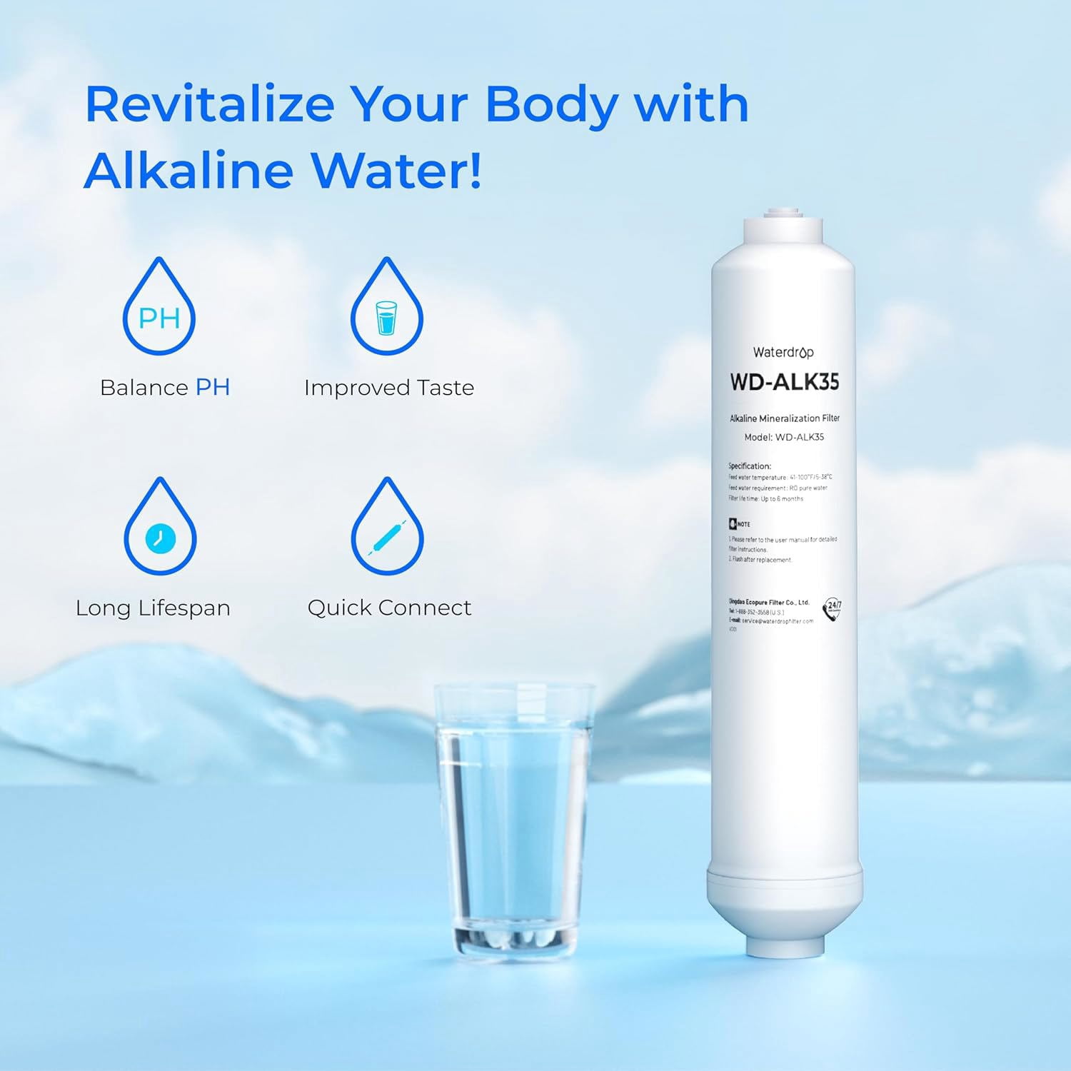 Waterdrop Alkaline Water Filter WD-ALK35, Alkaline Filter for Reverse Osmosis System, pH Balance and Restore Minerals for RO Alkaline Filter, Under Sink Water Filter, 1/4" Quick Connect