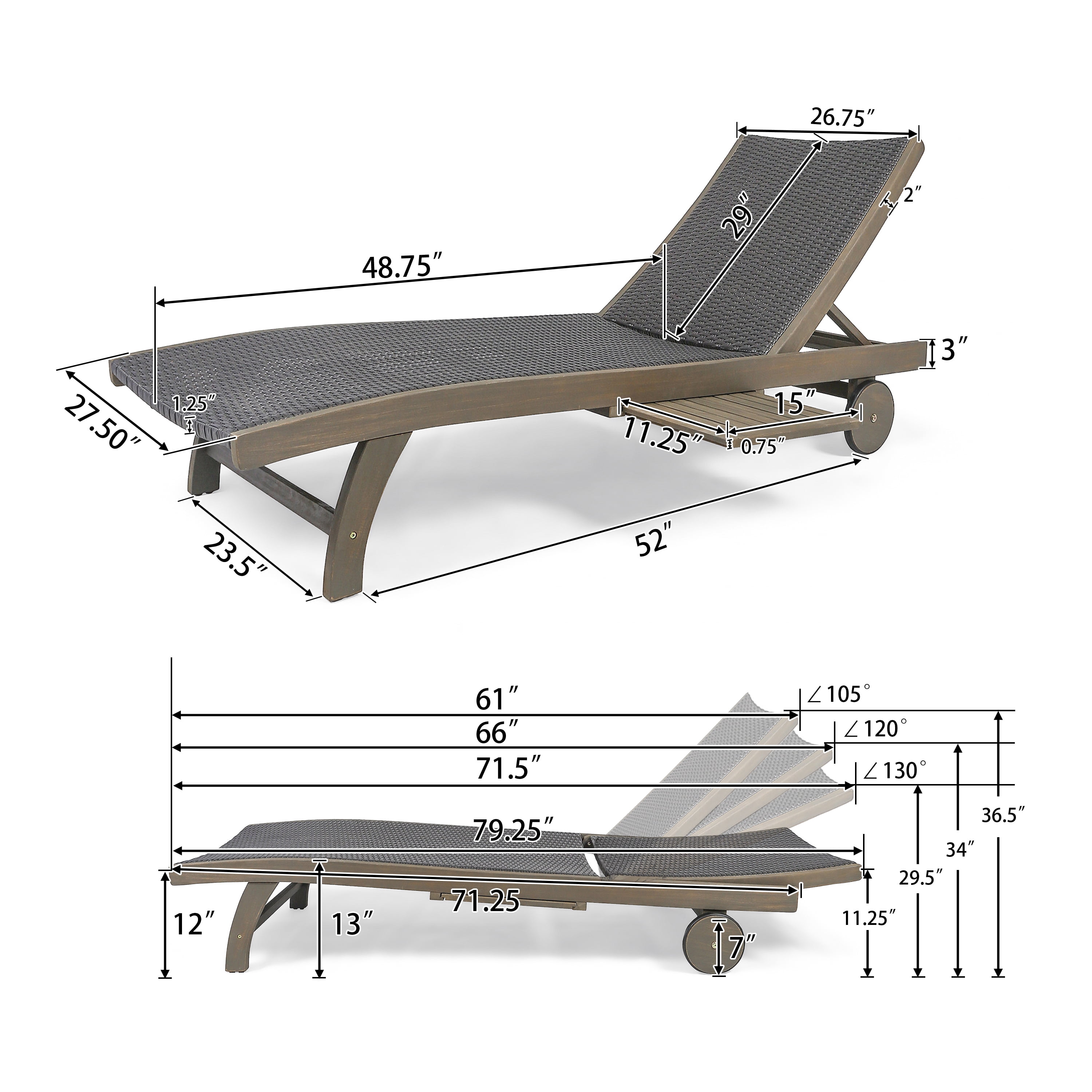 Outdoor Double Seat Chaise Lounge Set of 2 with Side Tray, Leisure Recliner Chairs for Patio Garden, Gray