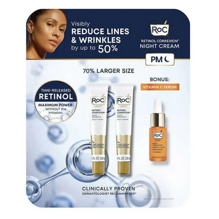 RoC Retinol Correxion Night Cream with SPF 30 1.38 fl Oz/38 ml 2-Pack   Bonus Vitamin C Serum