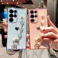 thumbnail image 2 of Compatible with Samsung Galaxy S22 Ultra Phone Case Women Luxury Plating Cute Love Heart Case with Heart Chain Bracelet Strap Camera Lens Protection Soft Silicone Shockproof Case (Sierra Blue), 2 of 11