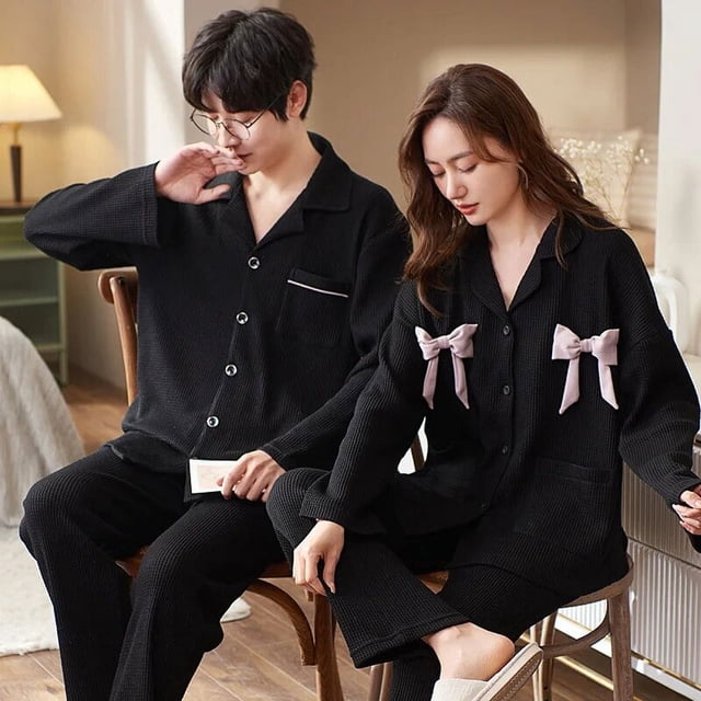 Pijamas de algodón para hombre y mujer, ropa de dormir con cuello vuelto, pantalones de manga larga, conjuntos de pijama sólidos, Otoño e Invierno