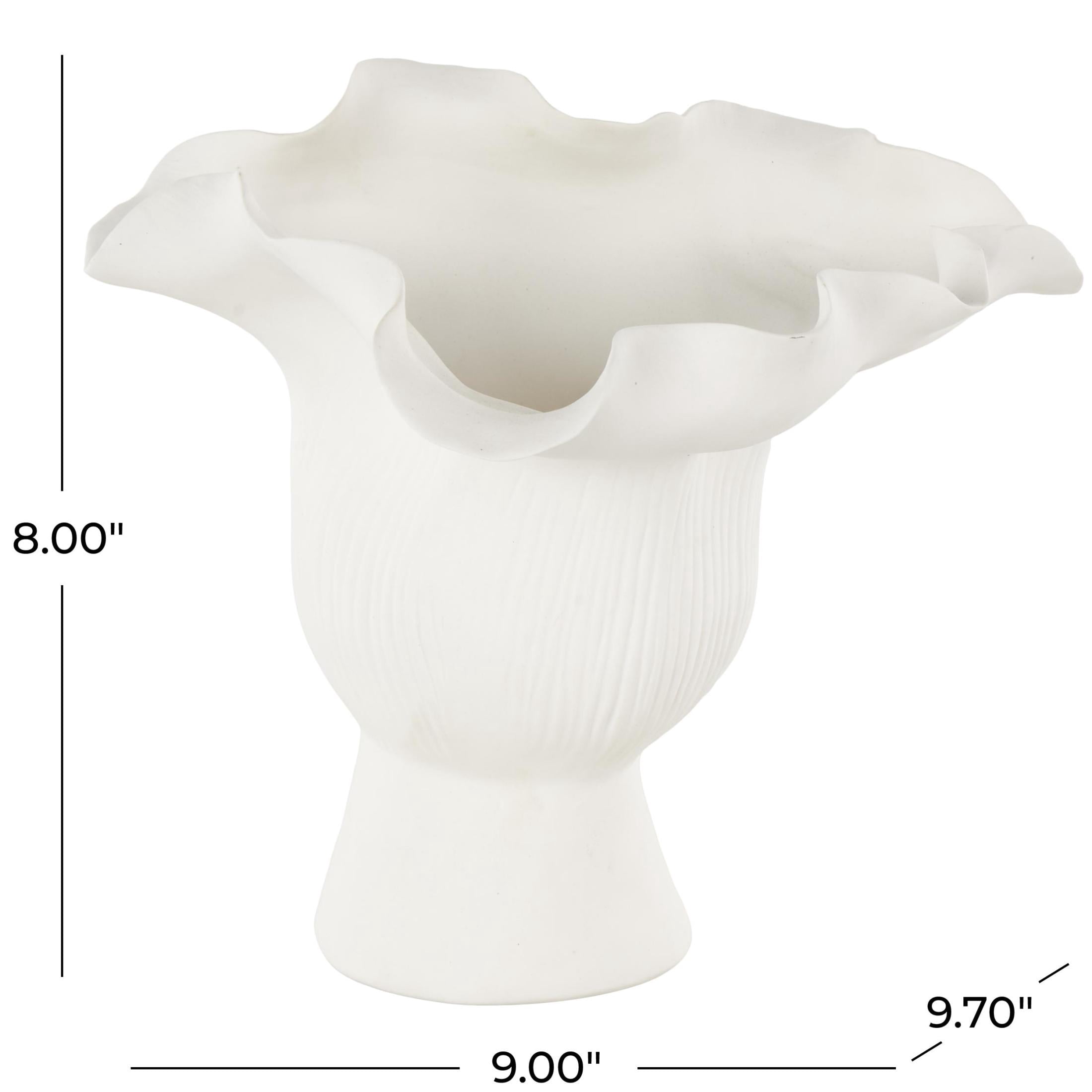 DecMode 8" Abstract Floral Inspired White Ceramic Vase with Wavy Folded Rim and Linear Grooves