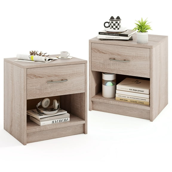 Gymax 2 PCS Nightstand w/ Drawer Side Table w/ Slide-out Drawer Open Storage Shelf Natural
