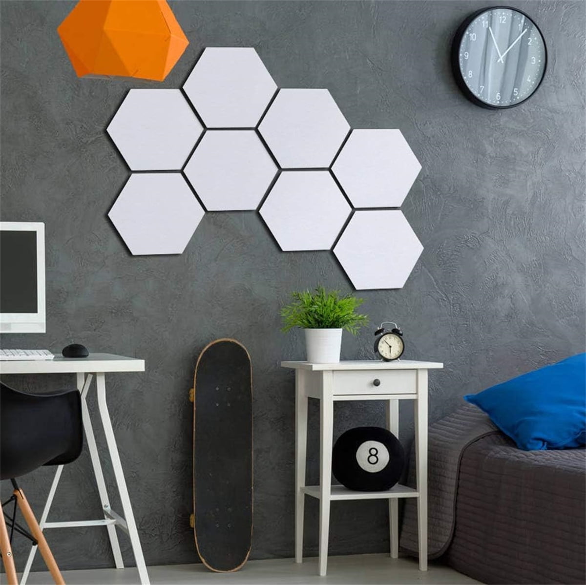 Bexikou 6 Pcs Hexagon Felt Board Tiles, Self Adhesive Wall Pin Bulletin Board with 200 Pcs Push Pins for Photos Memos Home Office Decor, White