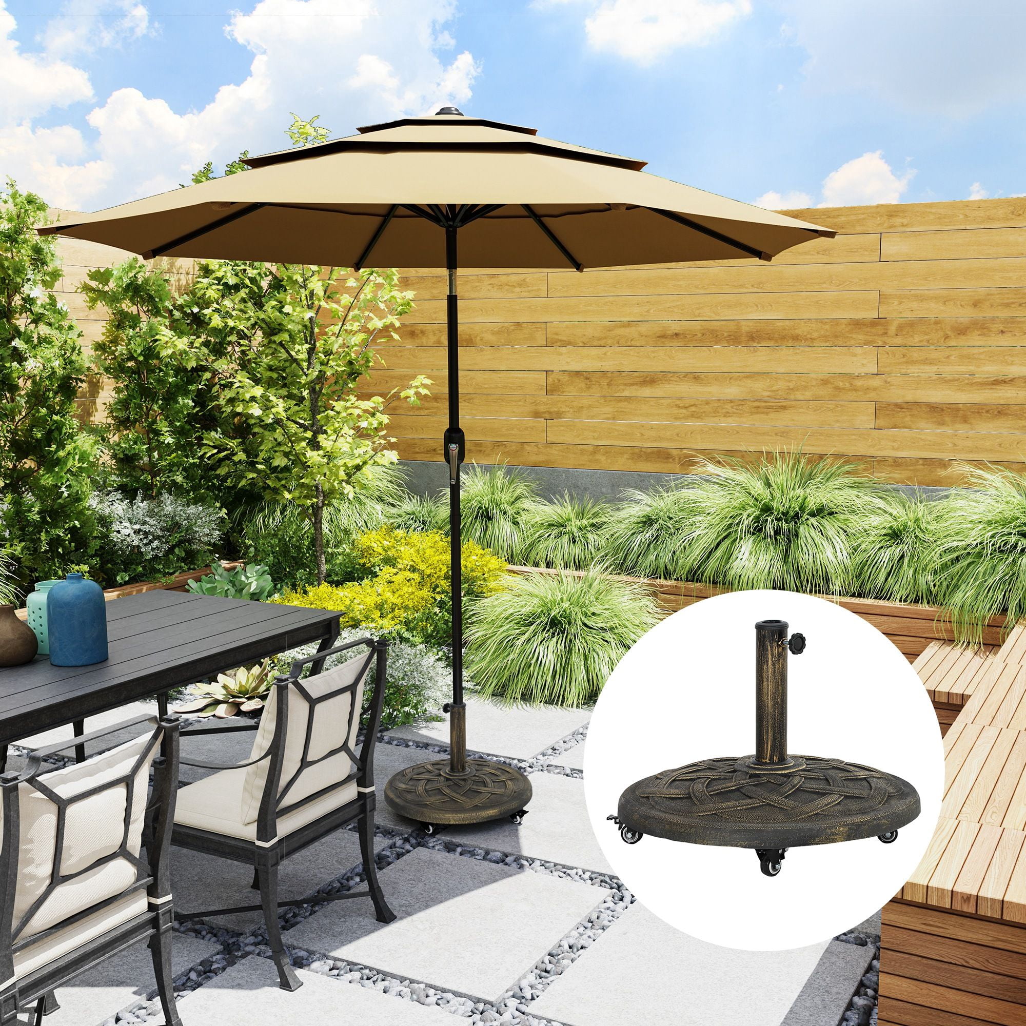 Dranite Round Patio Umbrella Base with Wheels, 44 lbs Resin Umbrella Stand Base, Heavy Duty Patio Umbrella Holder for 1.3"/1.5"/1.9" Umbrella Poles for Outdoor, Lawn, Poolside, Bronze