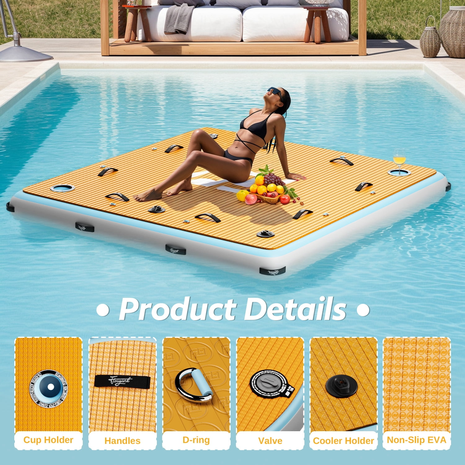 Inflatable Floating Dock | 7x7ft Inflatable Floating Island | Built-in Cup Holders & Action Camera Mounts | 12mm EVA Non-Slip Foam Deck | Inflatable Patio Dock for Lakes, Pools, Boats |