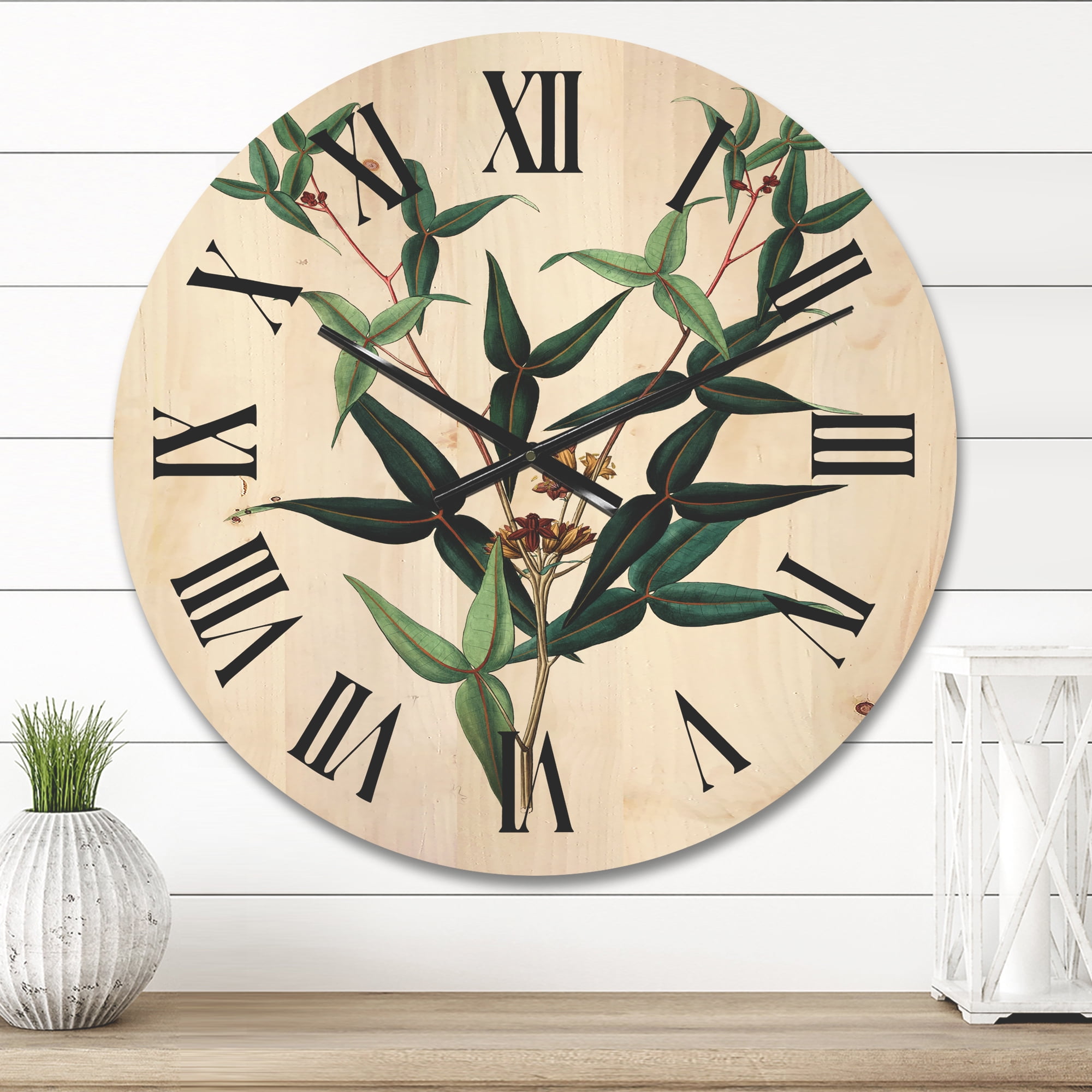 Designart 'Ancient Green Leaves Plants VIII' Traditional Wood Wall Clock