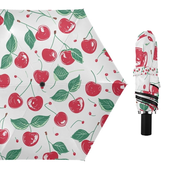 Cherry Fruit with Leaf Compact Sun Umbrella Windproof Travel Umbrellas for Rain Strong Portable UV Protection