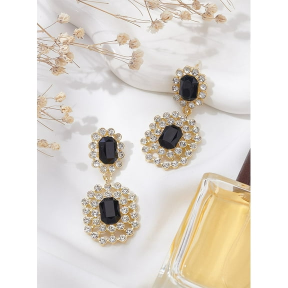 Rhinestone Dangle Stud Gold Earrings Gold Tassel Full Rhinestones Earrings Large Black Rhinestones Sparkling Earrings for Women Parties Weddings and Daily Evening Formal Wear