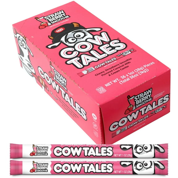 Strawberry Smoothie Cow Tales, 36 Pack, 1 Ounce Individually Wrapped Pieces, Chewy Strawberry Smoothie With A Creme Center