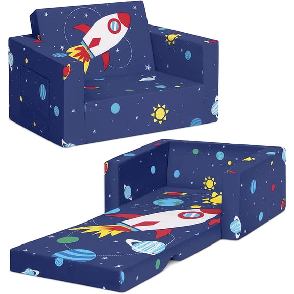 XIULIN Children Cozee 2-in-1 Kids Couch and Kids Sofa - Baby Sofa with Foam Construction, Stain Resistant and Machine Washable Cover, Side Pocket, Space Theme, 24" W x 17" D x 15" H