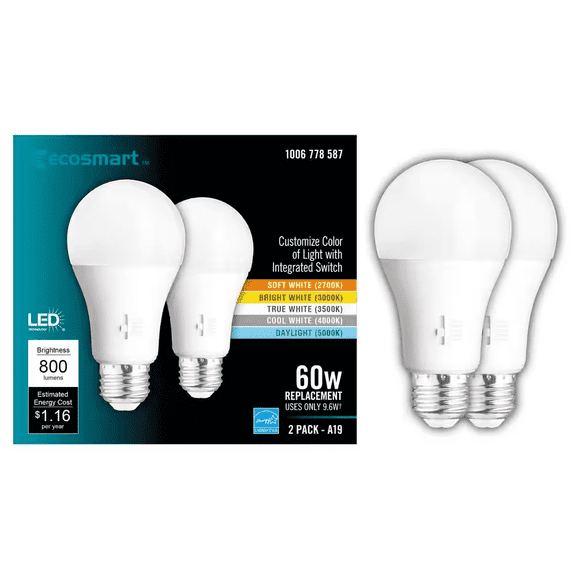 EcoSmart LED 60W Equivalent Selectable Color A19, Medium Base, Dimmable (2 Pack)