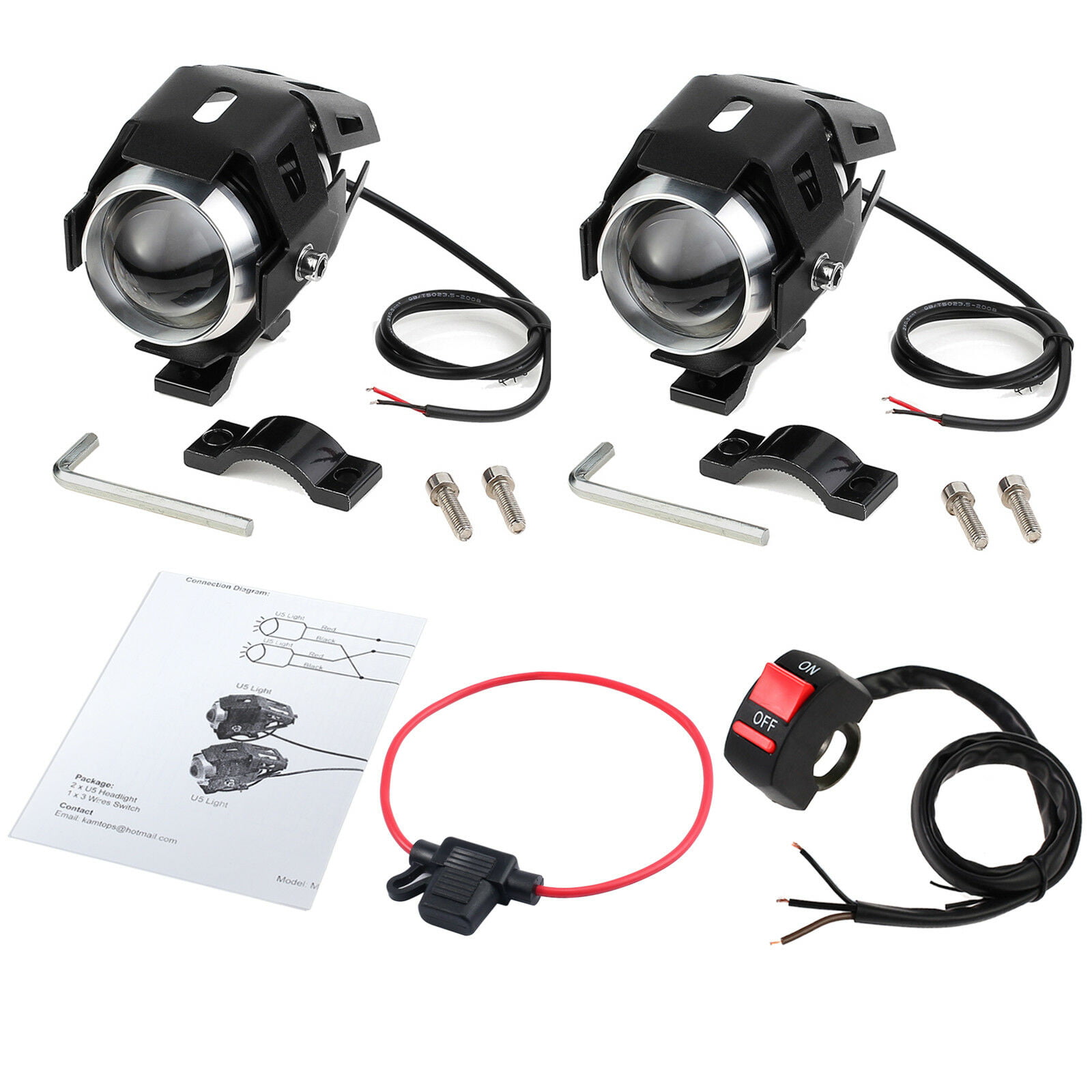 YGGFA 2pcs Motorcycle LED Headlight 125W 3000LM U5 Waterproof Driving Spot Head Lamp Fog Light Switch Motorcycle Accessories Bulbs Color : 1 Black and 1 Silve 