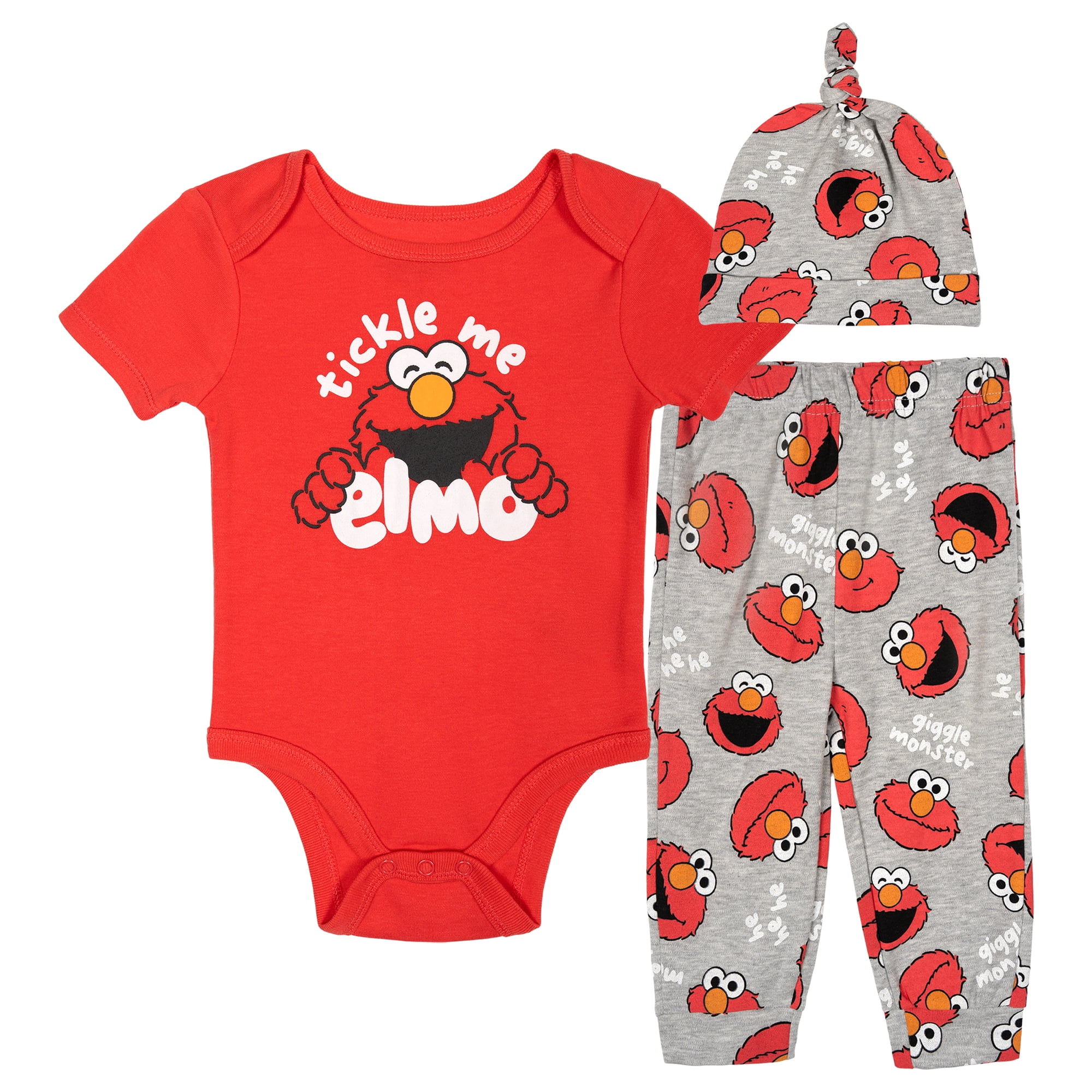 Sesame Street Baby Boy or Girl 3-Piece Bodysuit Pants and Hat Set Elmo Red Grey