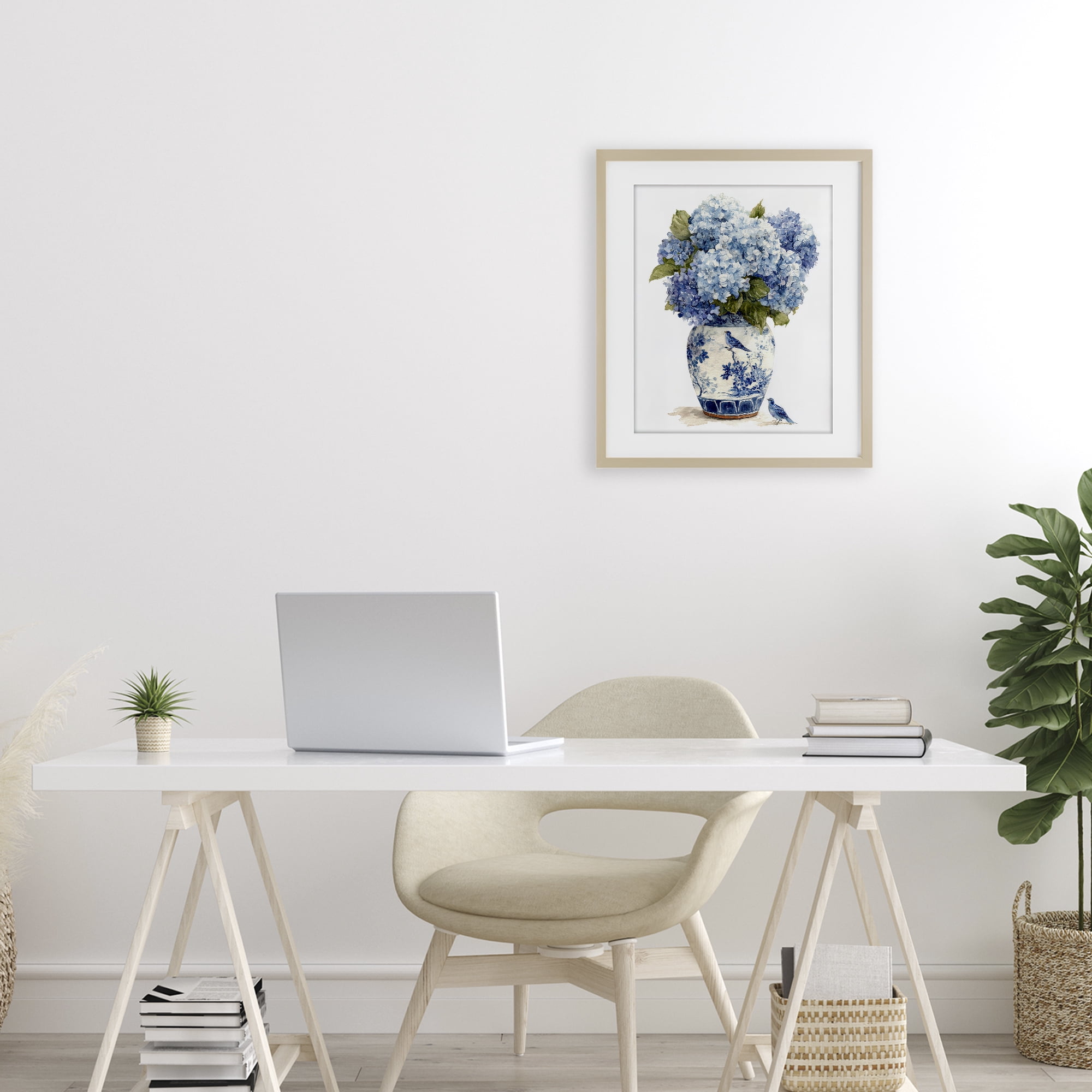 Stupell Industries Blue Bird & Hydrangea Vase Birch Framed Print Under Glass, design by Imagine It Images