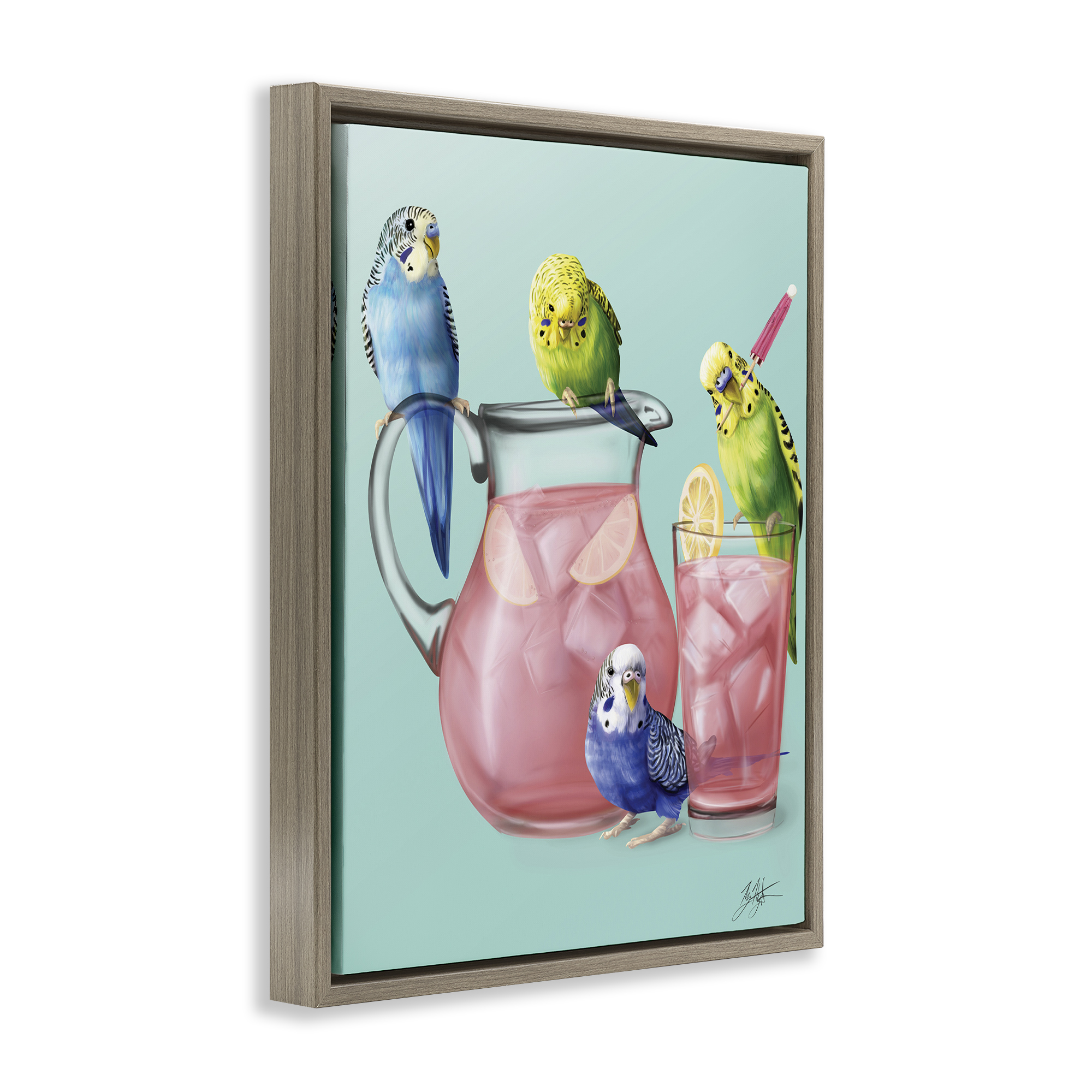 Stupell Industries Budgies & Pink Lemonade Food & Beverage Painting Brown Floater Framed Canvas Art Print Wall Art, 17 x 21