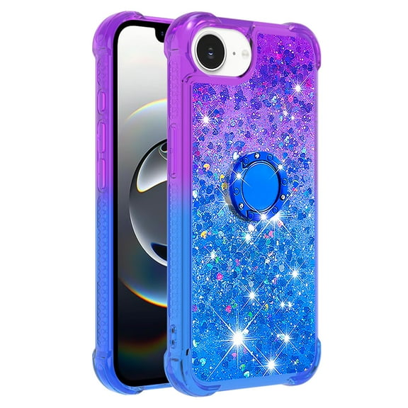 Phone Case for iPhone 16E/SE 2025 Case with Ring Kickstand,Cute Glitter Bling Sparkle Quicksand Flowing Liquid Clear Gel Silicone ShockProof Cover Girls-B4