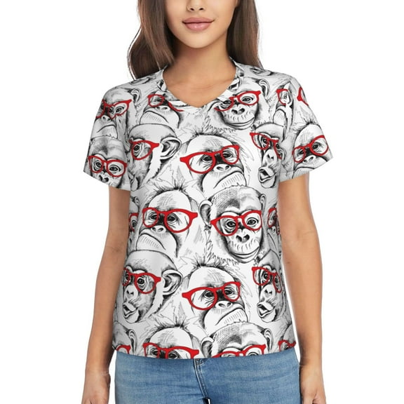 Honeii Monkey Print Women's Classic V-Neck T-Shirt,Womens Fashion Tops,Stylish Everyday Top for Women, Casual Summer Spring Outfits Clothes-Small