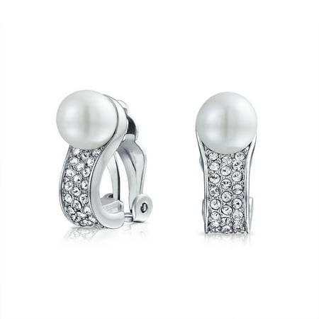 - Bridal Crystal White Simulated Pearl Clip On Ball Huggie Earrings For Women Non Pierced Ear Silver Plated Brass