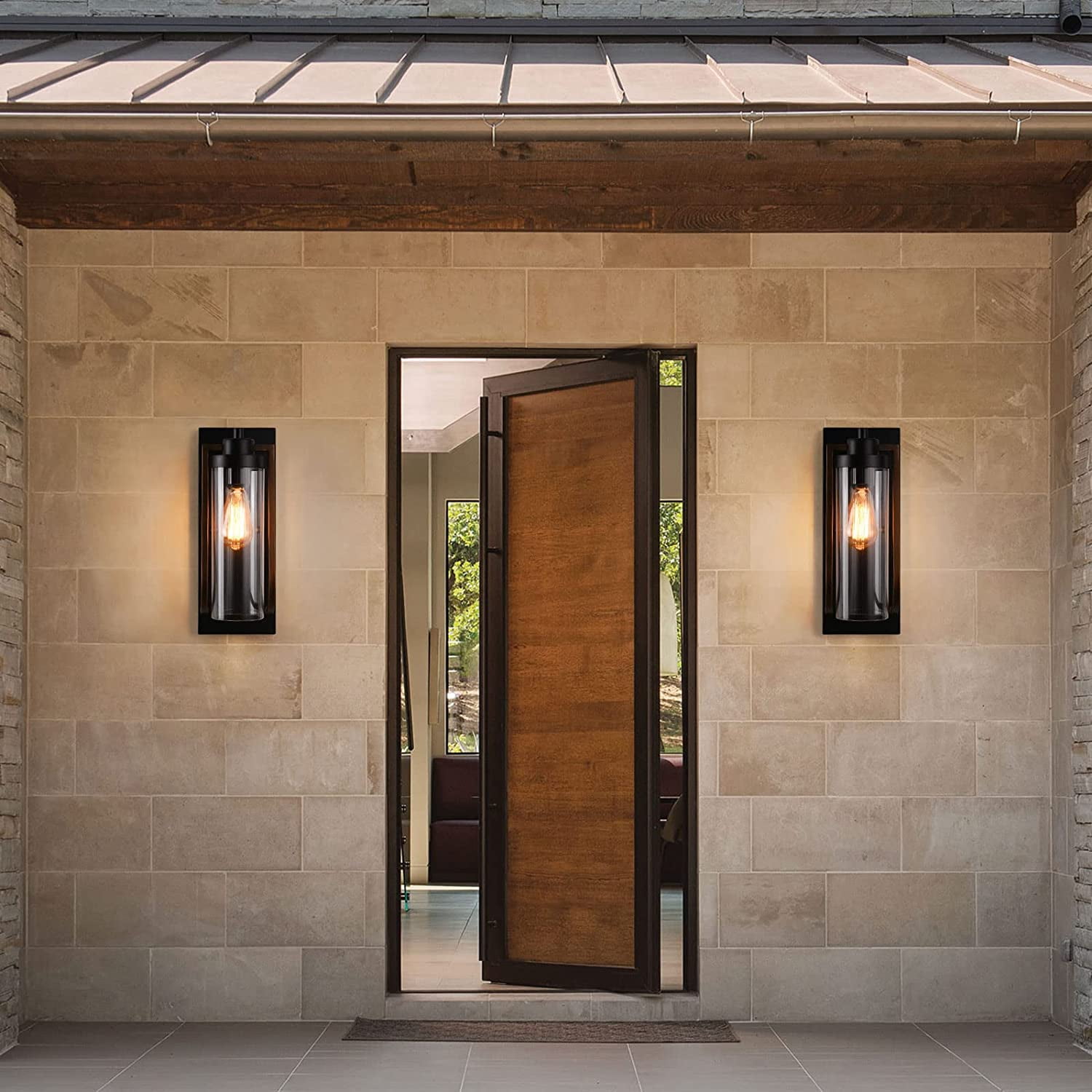 Modern Farmhouse Wall Light Fixture Wall Sconce, Outdoor Black and Gold Aged Brass Exterior Lantern Sconce Lighting, Porch Lights Wall Mount, Bathroom Light Fixtures Wood Grain Finish(E26 Base)