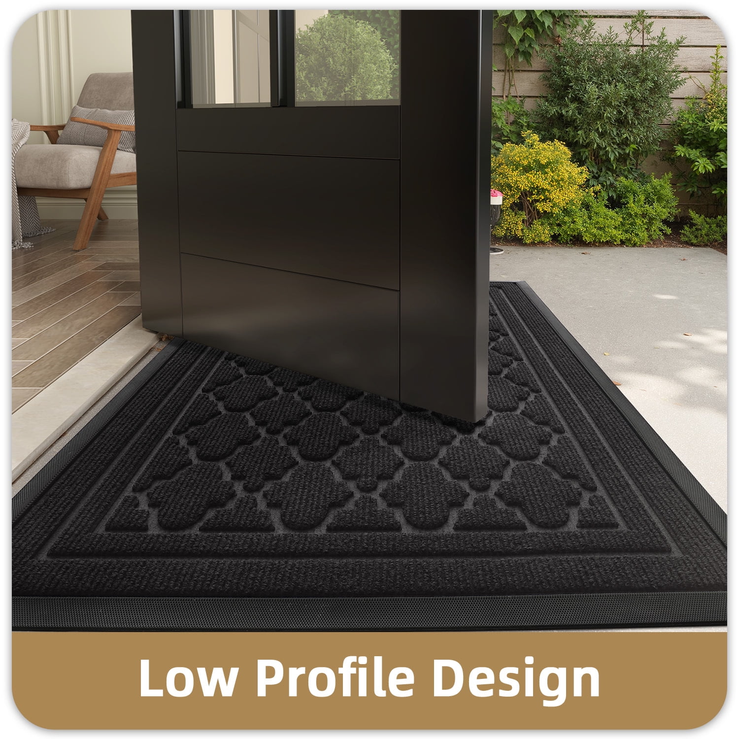 PABUBE Outdoor Doormat, Weatherproof Low Profile Outdoor Mat,Heavy Duty Non-Slip Welcome Mat, Dirt Trapper Washable Entry Rug for Front Doors Entryway,24"X36",Black
