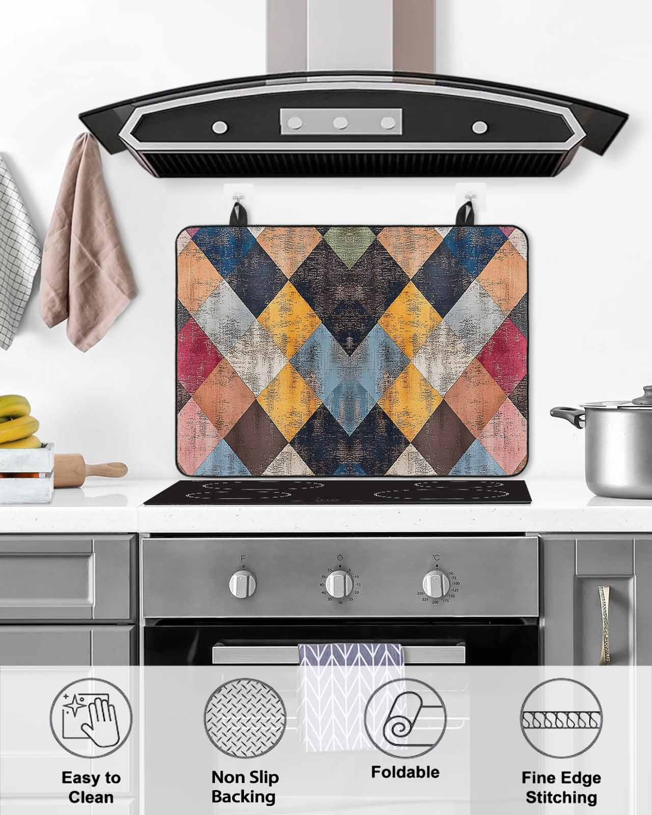nqOlkjepod Large Induction Cooktop Protector Mat 24"x21", Colorful Geometric Stove Top Covers for Electric Stove, Modern Vintage Abstract Color Block Stove Burner Cover Mats, Glass Top Stove Cover