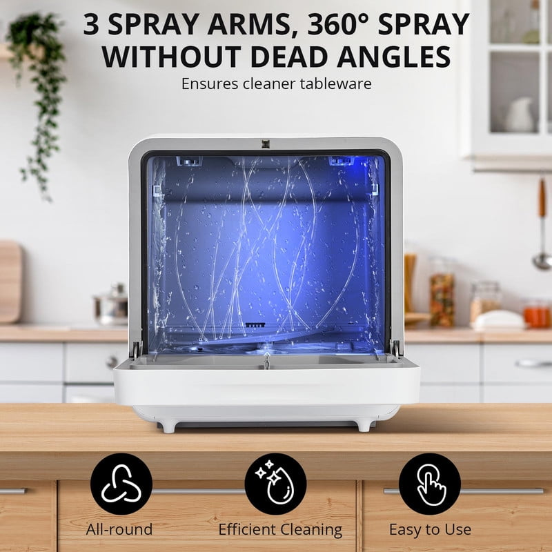 Towallmark 6 Washing Programs, Portable Countertop Dishwasher, Mini Dishwasher with 3 Spray Arms, 2 Water Inlet Methods, High Temperature Drying, Touch Control for Home Apartments RVs