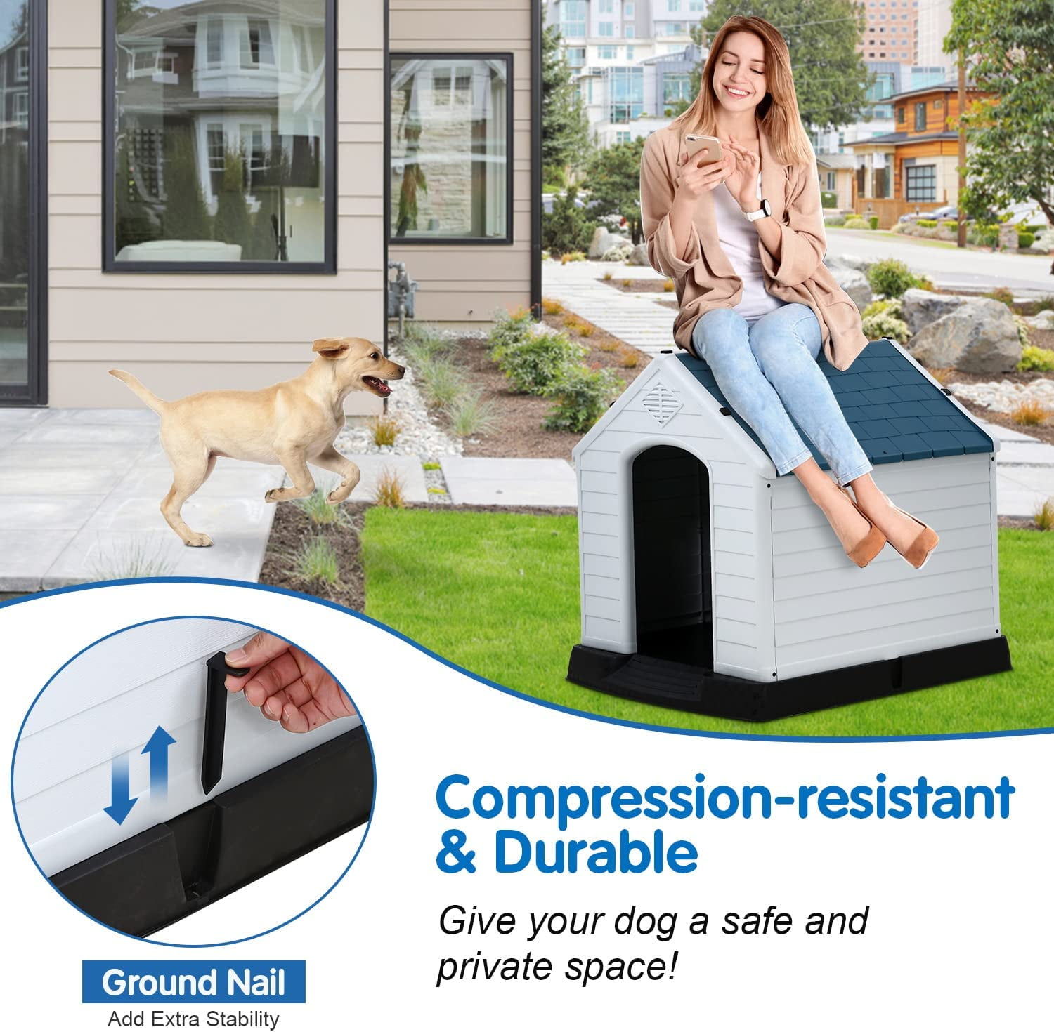 BIQWBIC 28 inch Dog House Small Plastic Portable Dog House for Balcony, Blue
