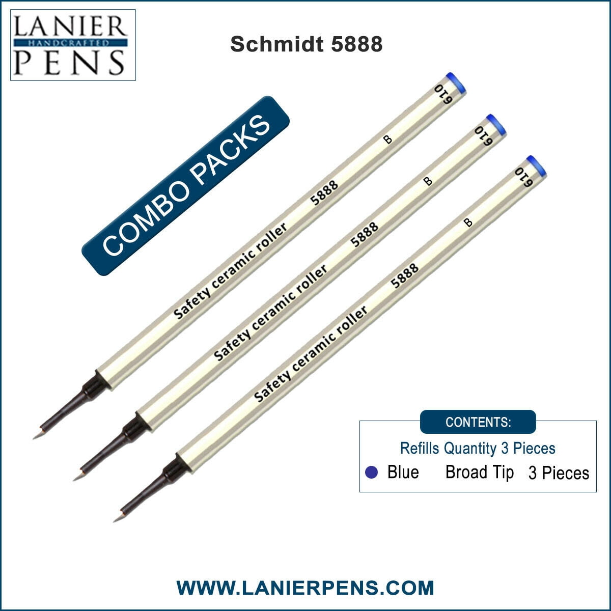 3X Schmidt 5888 B Safety Ceramic Rollerball Metal Refill Blue Broad Tip