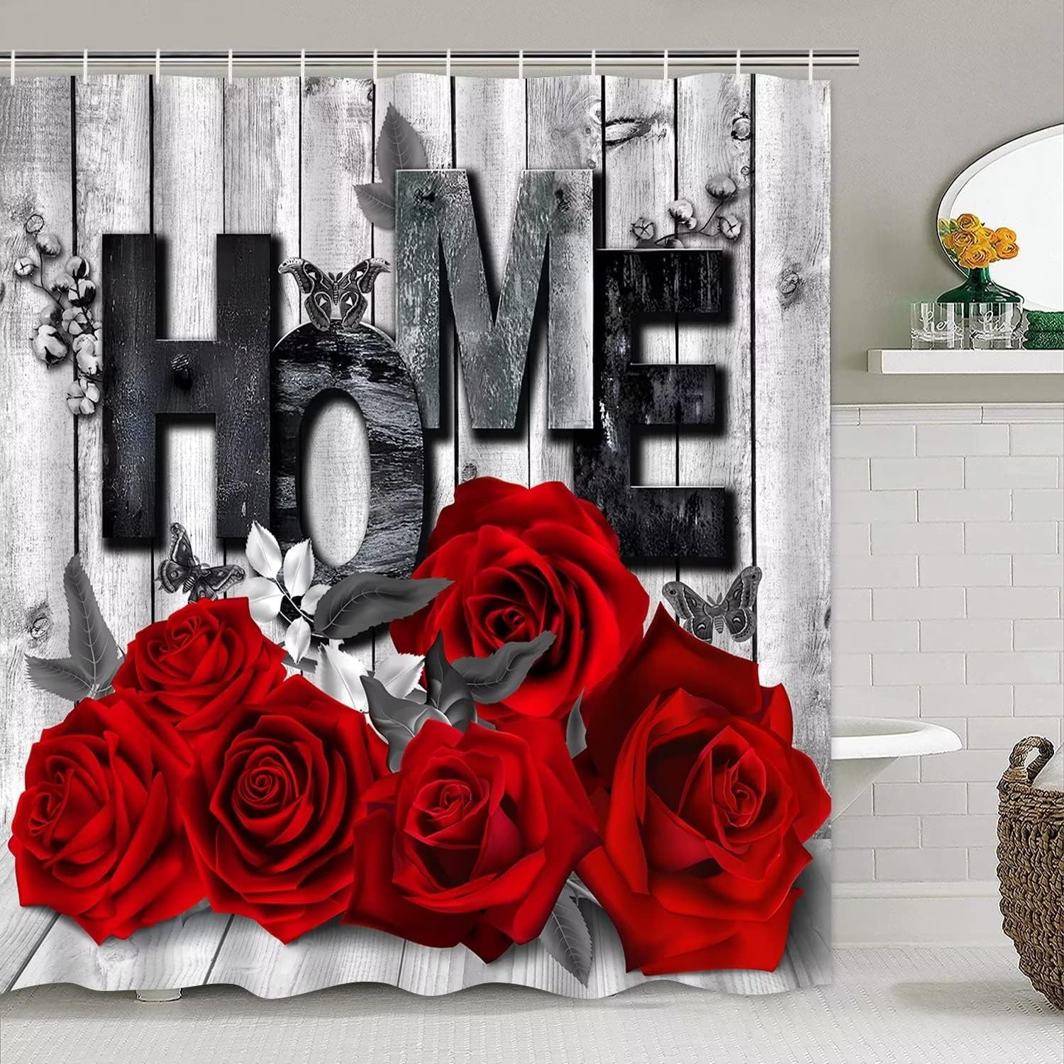 Red Rose 4 Pcs Shower Curtain Sets Non-Slip Rugs Bath Mat Toilet Cover U Shaped Mat Black Red Shower Curtain with 12 Hooks Red Rose Bathroom Set