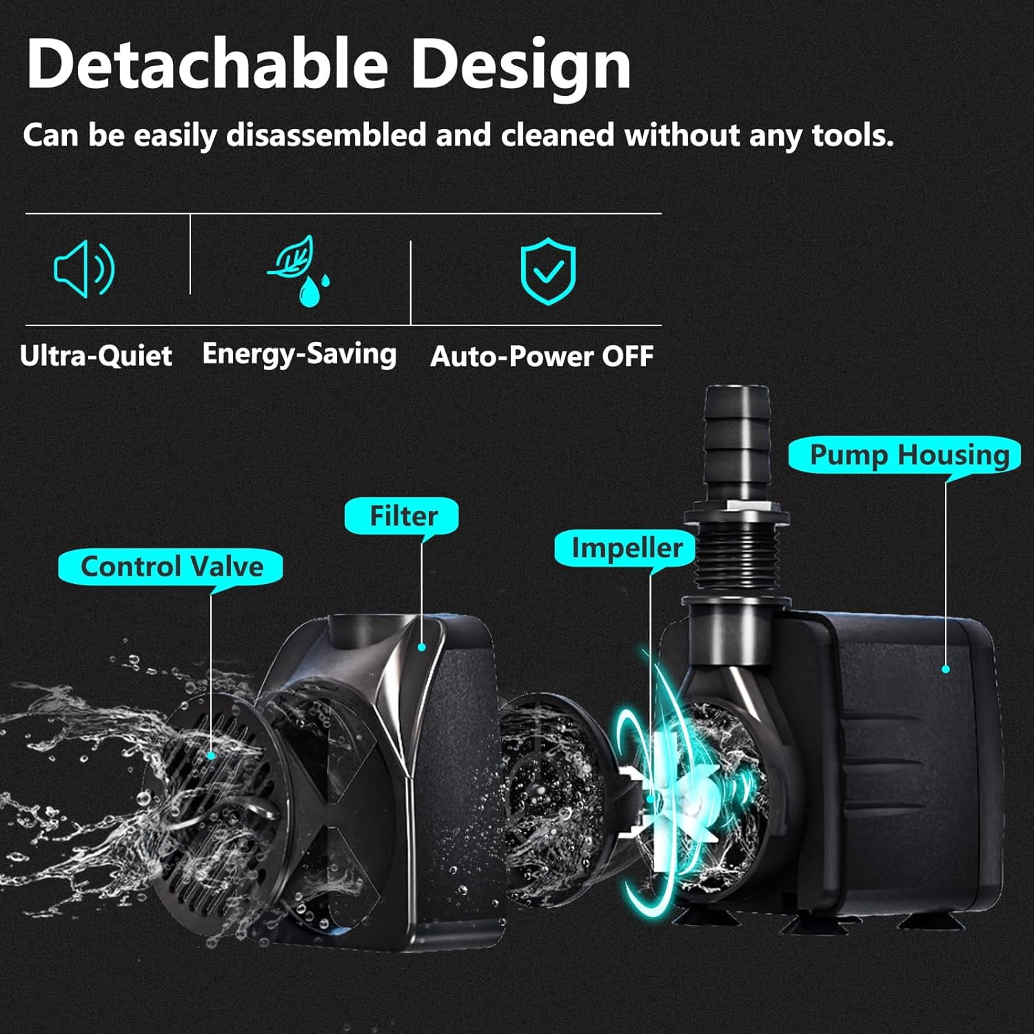 HIBIBUD 400GPH Auto-Shut-OFF Submersible Pond Pump (1500L/H 25W) Ultra Quiet Fountain Water Pump with 6.5ft High Lift, 3 Nozzles for Aquarium, Fish Tank, Pond, Hydroponics, Statuary, Water Feature.