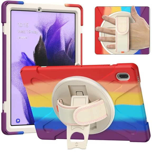 Dteck Case for Samsung Galaxy Tab S7 FE SM-T730 T736B (2021) 12.4-inch,Shockproof Rubber 3-Layer Protection Armor Hand Pull 360 Rotatable Kickstand Cover,Red