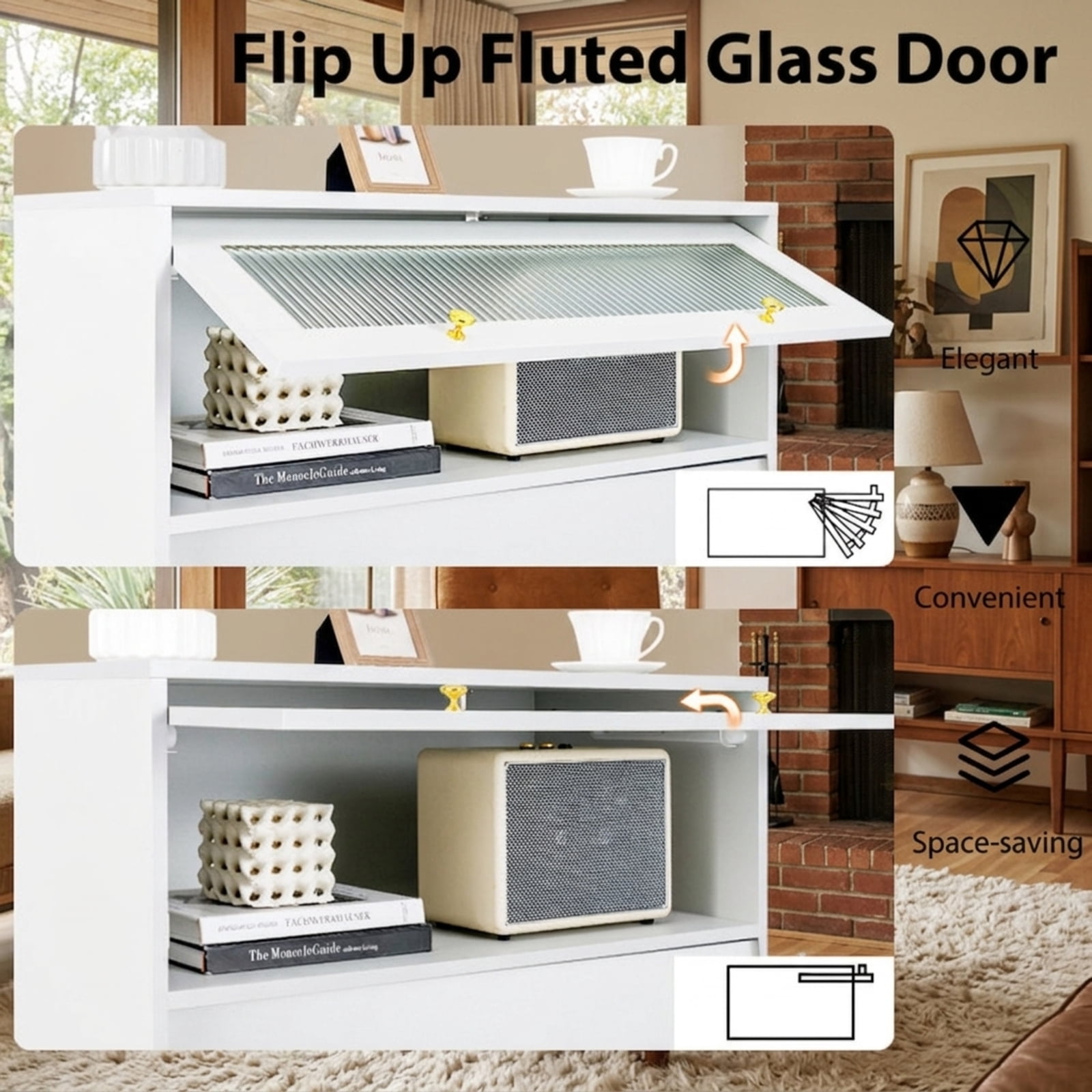 Furnibear 4 Drawer Accent Storage Cabinet with Flip Up Fluted Glass Door and Modern Drawers for Bedroom Living Room and Entryway, Gray