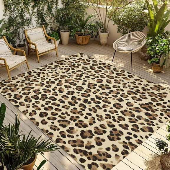 Fsddascl Leopard Outdoor Rug for Patio/Deck/Porch, Non-Slip Large Area Rug 5 x 8 Ft, Rustic Brown Animals Art Modern Indoor Outdoor Rugs Washable Area Rugs, Reversible Camping Rug Carpet Runner