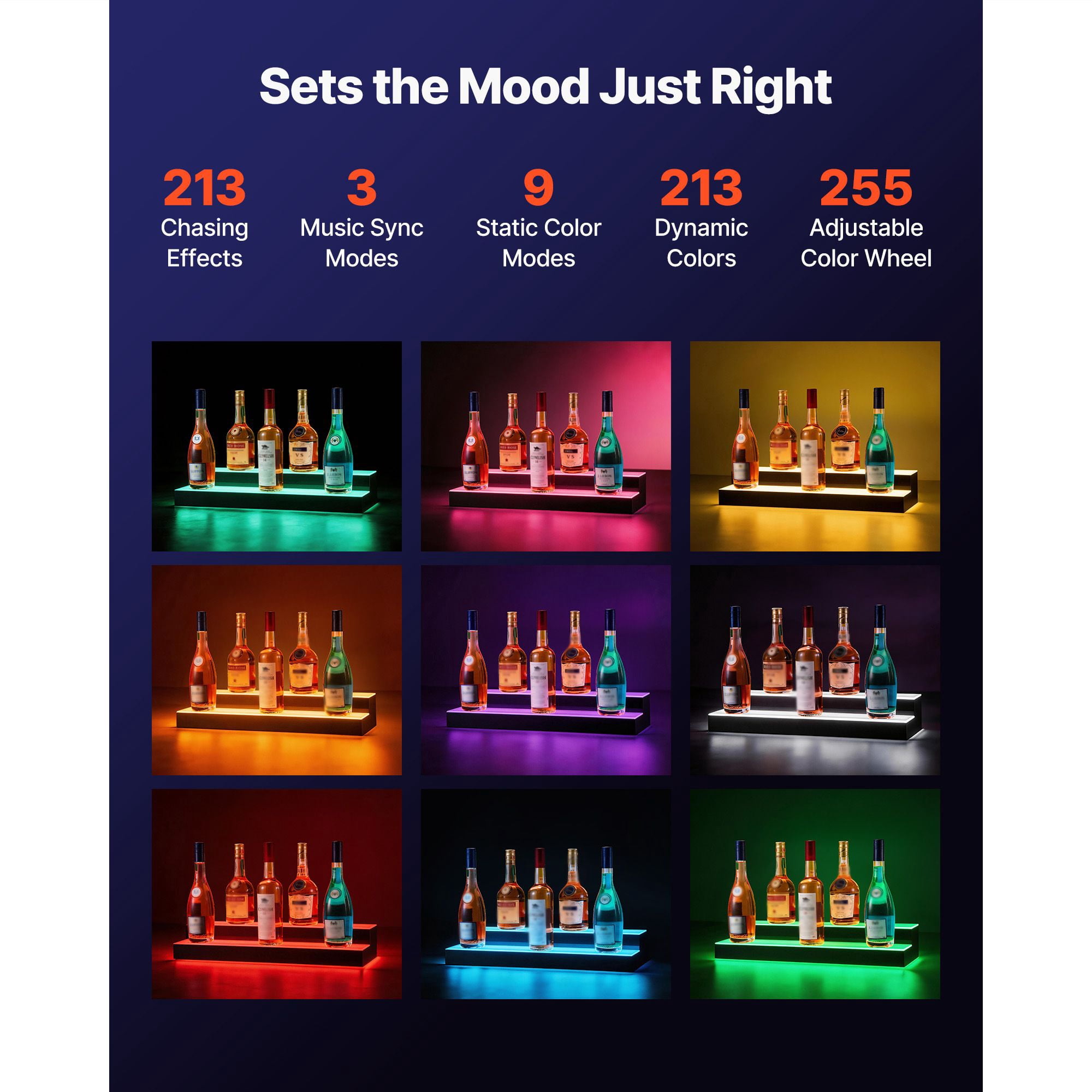 24 Inch LED Lighted Liquor Bottle Display, 2-Tier Acrylic Rack, Holds 12-16 Bottles, App & RF Remote Control, 9 Static Colors, Music Sync, for Home Bars & Commercial Displays
