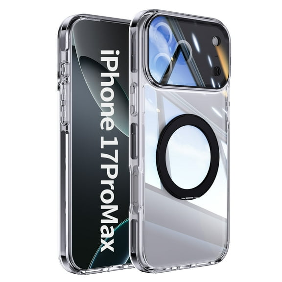 for iPhone 17 Pro Max Case with 360° Spin Magnetic Ring Stand [Compatible with MagSafe] [Camera Lens Protection], Clear Cover Anti-Yellowing Protection Cases for iPhone 17 Pro Max, Black
