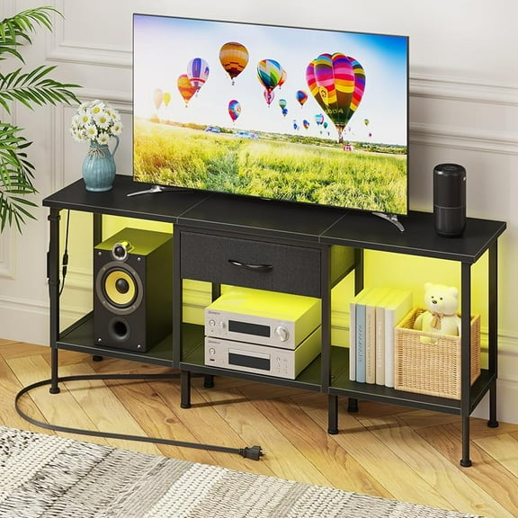 LED TV Stand with Power Outlet and Fabric Drawer for 55 50 45 Inches TV - Entertainment Center and Industrial TV Console Table for Living Room, Bedroom- 47" Rustic Brown