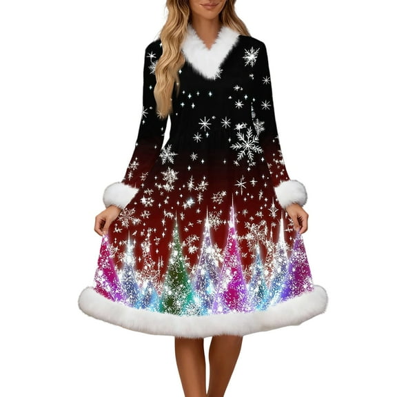 Women's Fashion Casual Gold Velvet Fleece Dress with Christmas Print, V-neck Long-sleeved Dress for Holiday Parties and Everyday Wear, Soft Women's Winter Dress,Purple,L