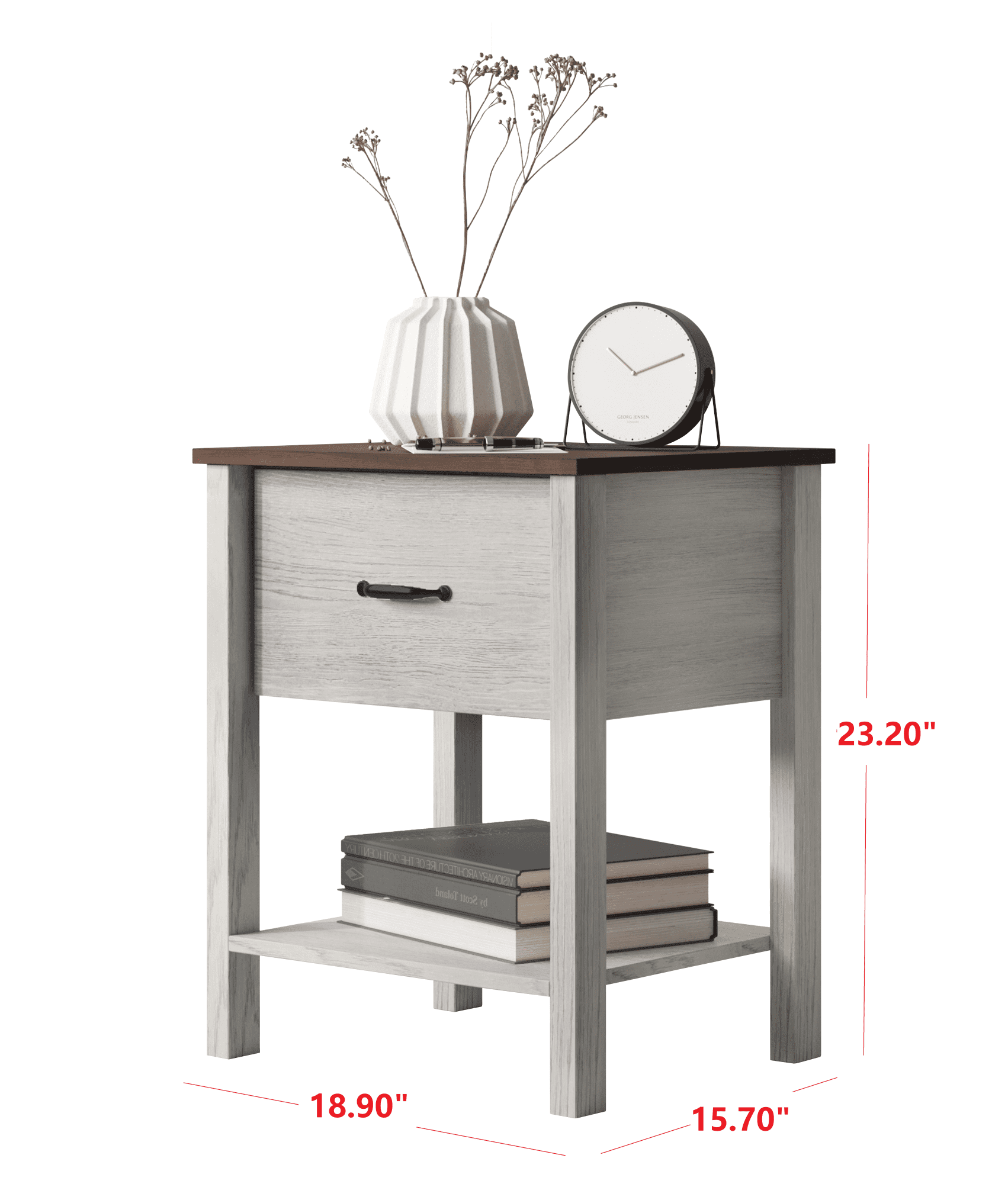 Home Design Sana Nightstand with Pull-Out Drawer and Open Shelf, White Oak/Brown, Easy Assembly (Set of 2)