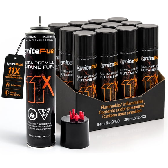 IgniteFuel 11X Ultra Premium Butane Fuel 300ml (165g) – Clean Burning High Purity Butane Lighter Refill for Torch Lighters, BBQ, Culinary Torches, Outdoor Use (Pack of 12)