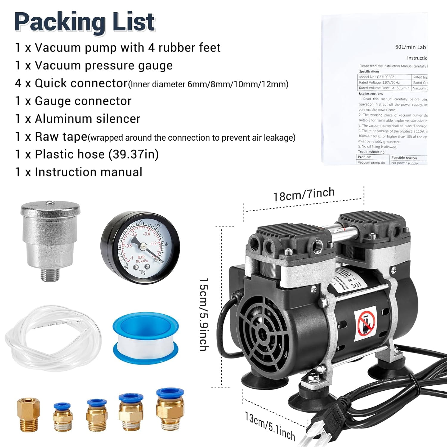 FOUR E's Scientific Vacuum Pump 50L/Min, Oilless Lab Pump with Upgraded Capacitor, Vacuum Meter, Aluminum Silencer, for Laboratory Electronics Industry