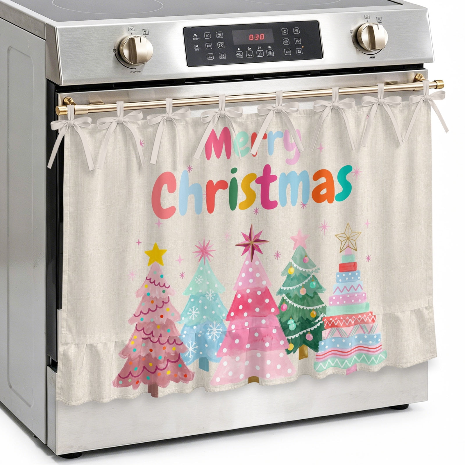 Christmas Oven Skirt Curtain Kitchen Stove Skirt Cover with Tie Top Pink Green Xmas Tree Sparkle Stars Polka Dot Beige Decorative Cabinet Cover Dishwasher Curtain for Farmhouse Decor 27x20 Inch