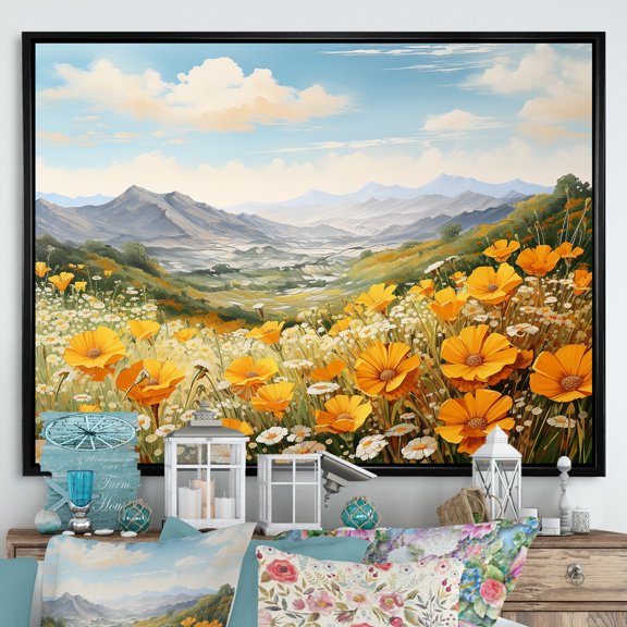 Designart "Marigold Meadow Amidst The Mountains I" Flowers Floater Framed Canvas Art Print