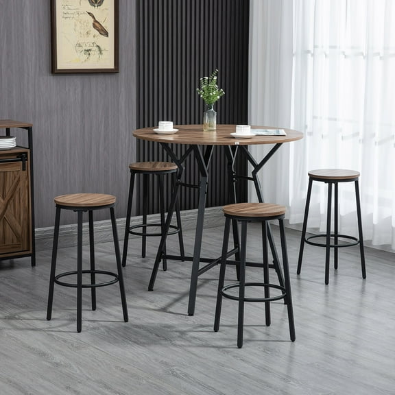 HOMCOM Industrial 5-Piece Bar Table & Stool Set, Space-Saving Round Dining Table with 4 Stools for Pub & Kitchen, Black & Brown Woodgrain, Steel Frame, 35.4" Dia.