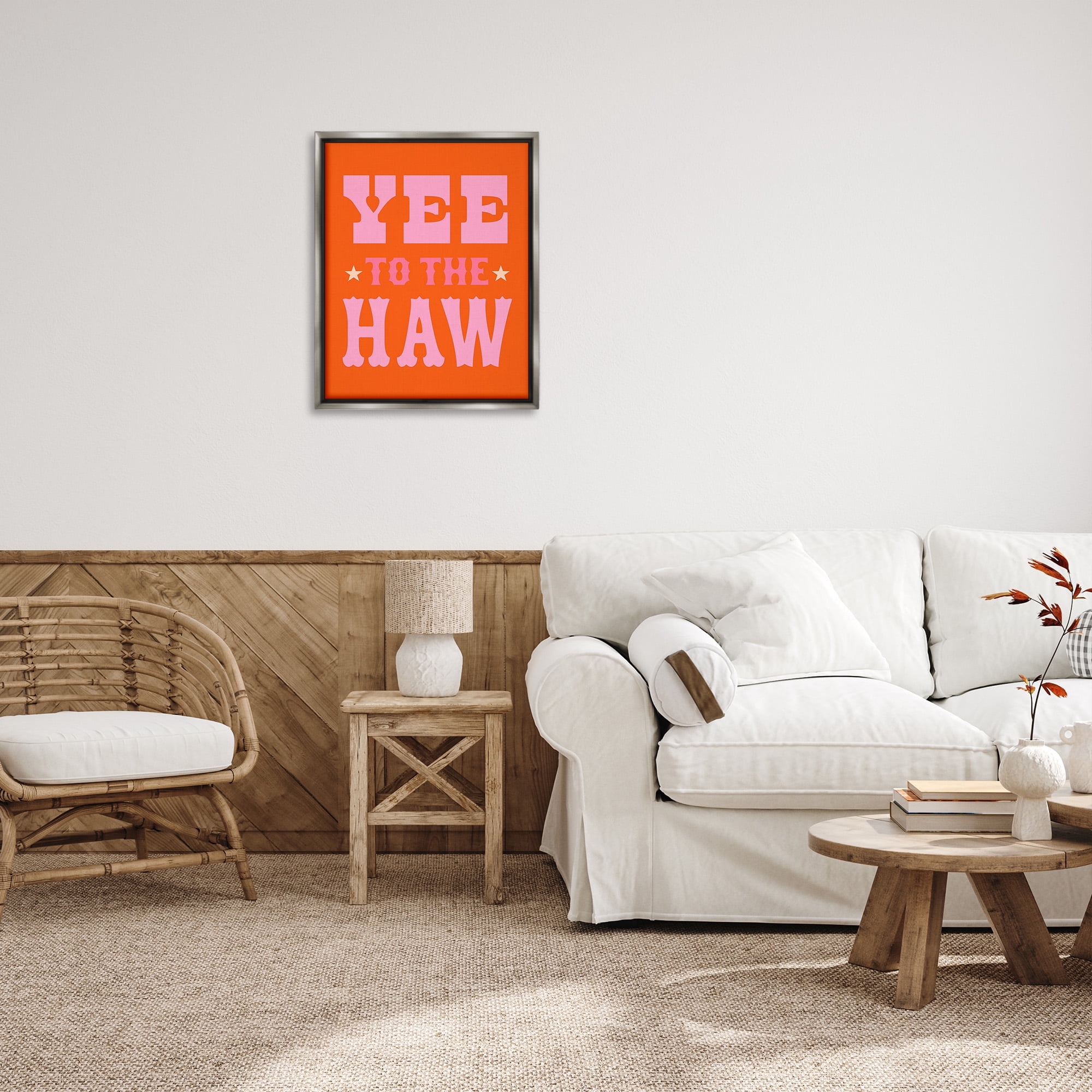 Stupell Industries Yee To The Haw Phrase Typography Painting Gray Floater Framed Canvas Art Print Wall Art, 25 x 31