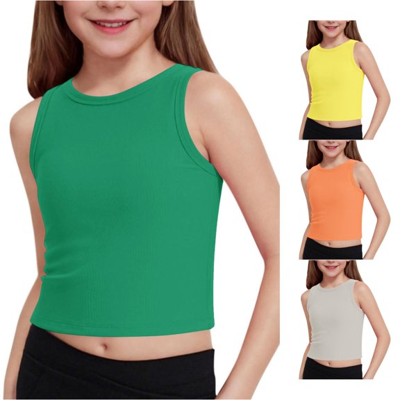 WhouRiu Girls Ribbed Athletic Tank Tops Summer Solid Color Sleeveless Crew Neck Crop Shirts Kids Lightweight Breathable Everyday Tops,9-10 Years